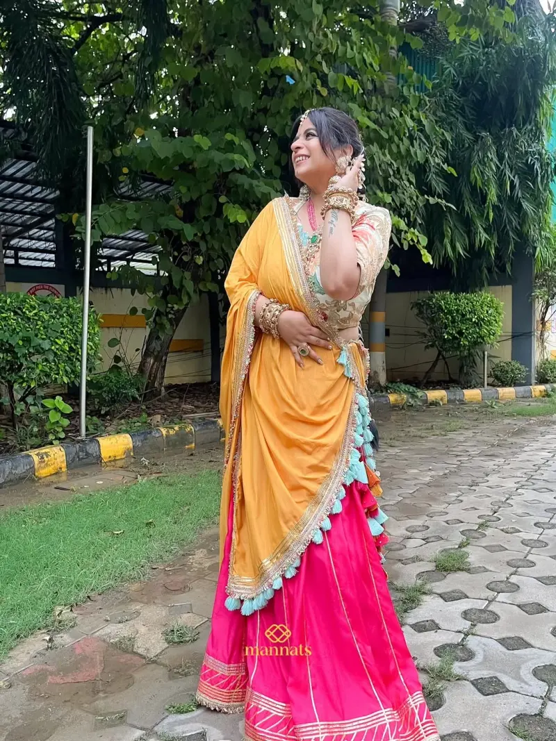 Pink Muslin Lehenga Paired with a Contrast Dupatta in Pink – Mannats Boutique