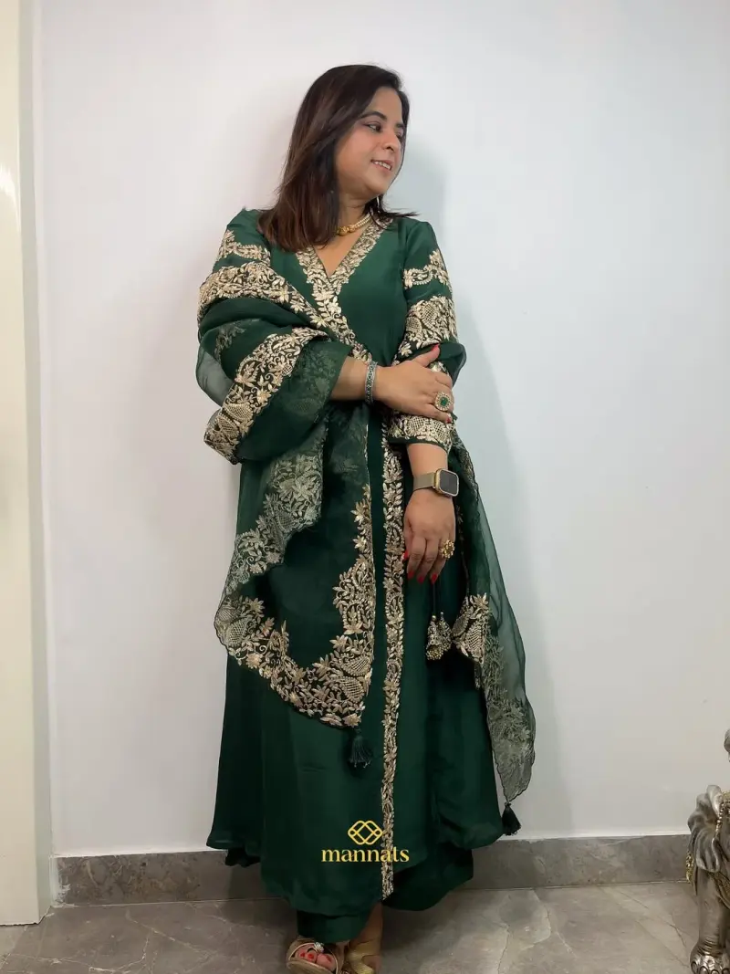 Upada Silk Angrakha Anarkali with Beautiful Zari Embroidery on Suit and Embroidered Organza Dupatta with Zari Border – Mannats Boutique