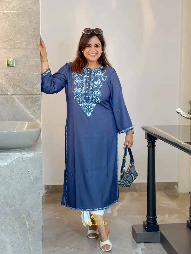 Blue Denim Thread Embroidered Kurta in Blue – Mannats Boutique