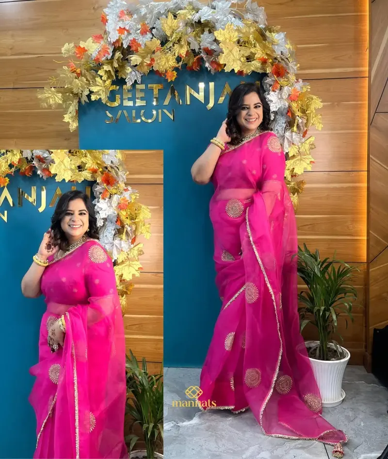 Pure Organza Saree is Adorned with Delicate Hand Embroidered Bootas – Mannats Boutique