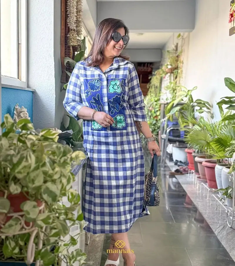 Cotton Checks Shirt Dress Adorned with a Delicate Hand-Embroidered – Mannats Boutique