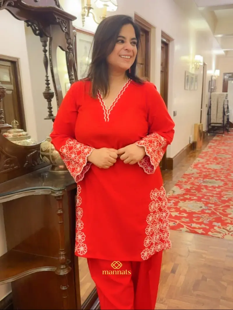 Red Cotton Farshi Salwar Suit with Intricate Thread Embroidery in Red – Mannats Boutique