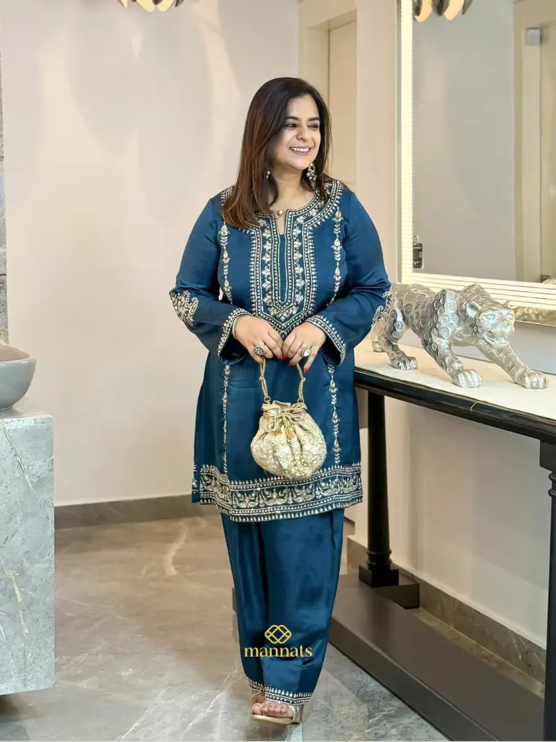 Silk Hand-Embroidered Kurta Paired with a Classic Farshi Salwar – Mannats Boutique