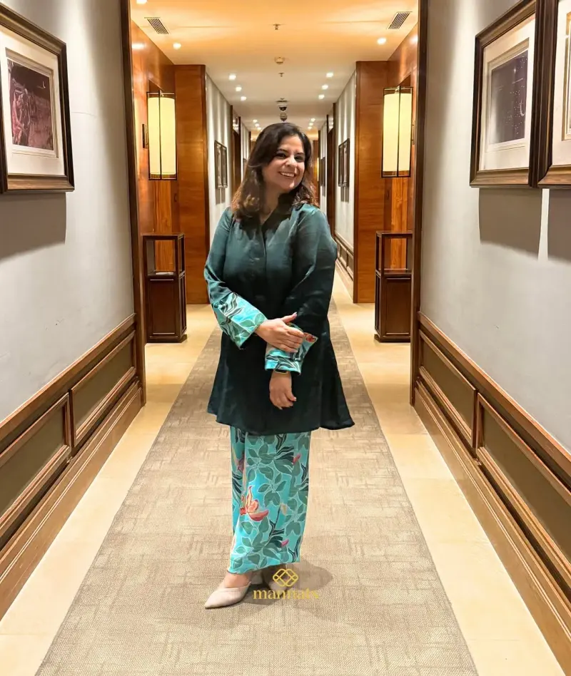 Satin Linen Asymmetrical Top Paired with Flowy Printed Georgette Palazzos – Mannats Boutique