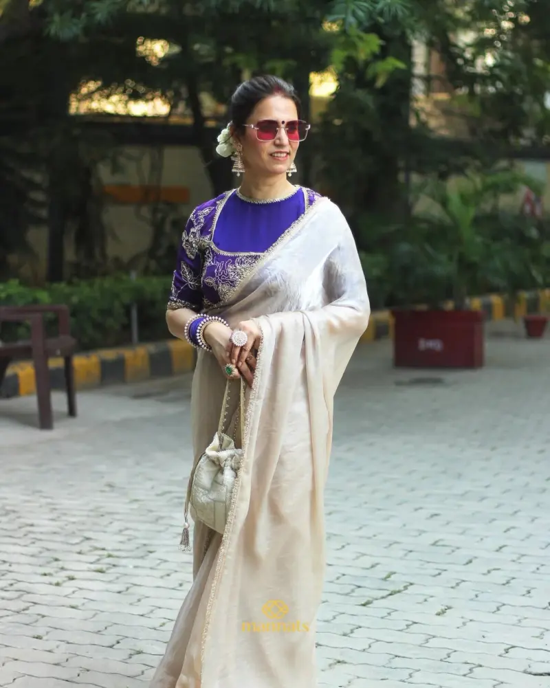 Tissue Georgette Saree Paired with a Beautifully Embroidered Koti Style Blouse – Mannats Boutique