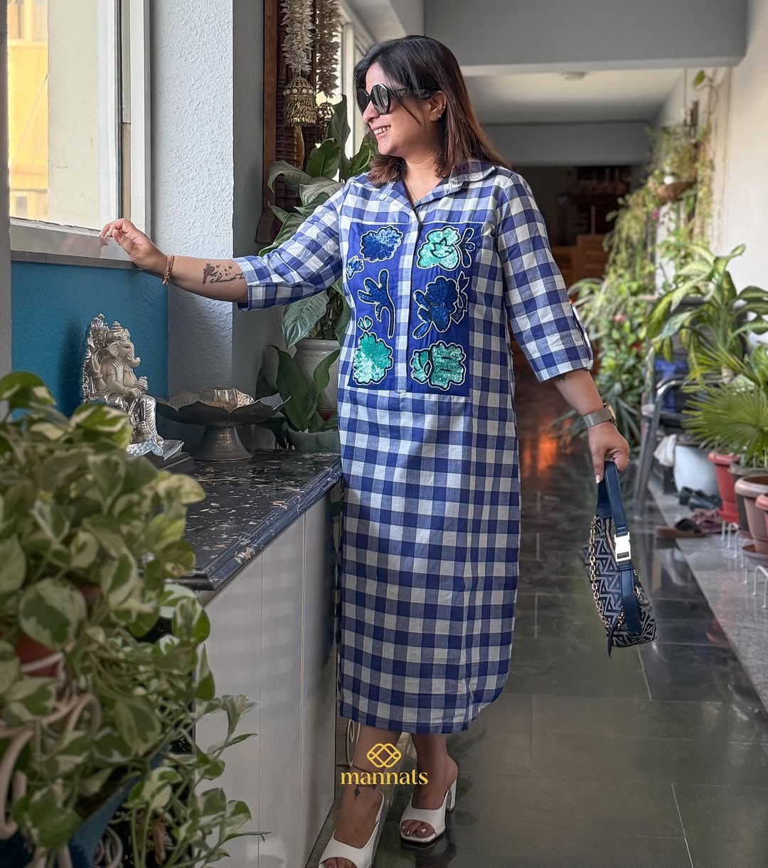 Effortless style meets handcrafted charm with our Cotton Checks Shirt Dress adorned with a delic (4)
