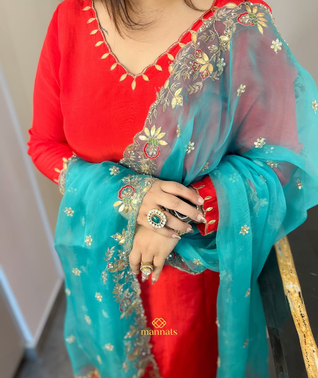 Radiate elegance in our stunning red Upadda silk suit, intricately adorned with hand-done gotapa (1)