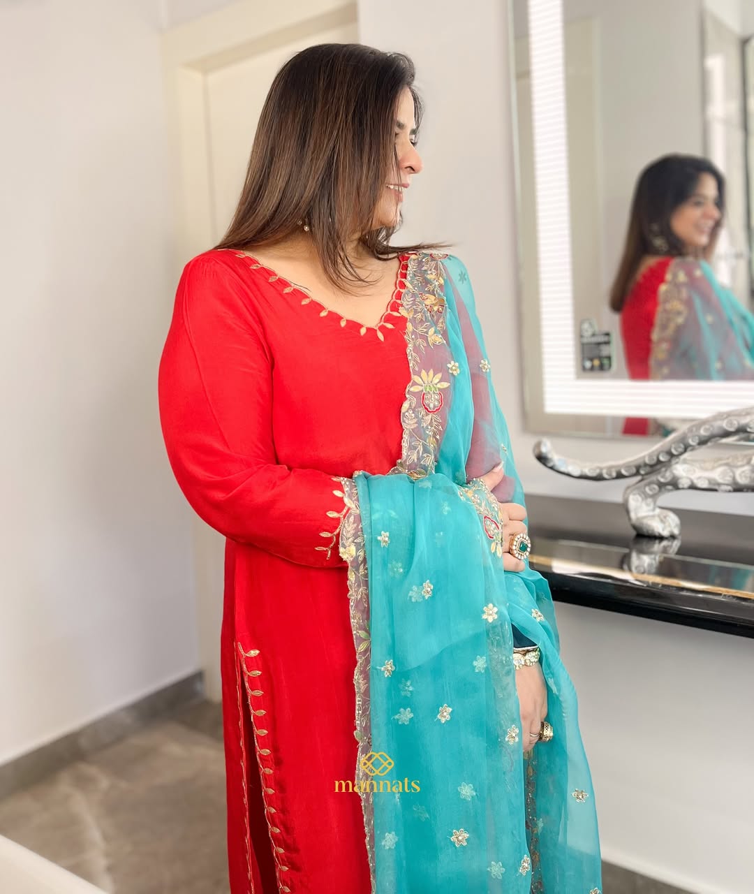 Radiate elegance in our stunning red Upadda silk suit, intricately adorned with hand-done gotapa (2)