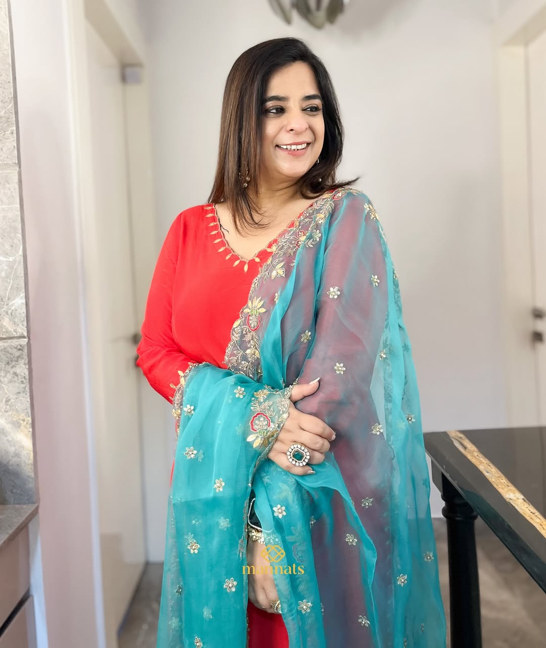 Radiate elegance in our stunning red Upadda silk suit, intricately adorned with hand-done gotapa