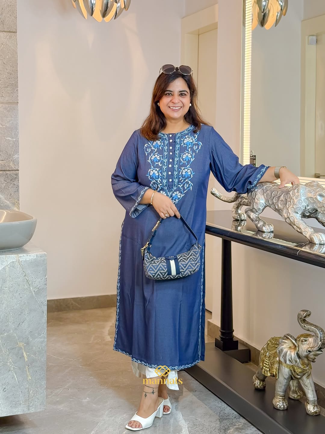 Blue Denim Thread Embroidered Kurta - This Blue Denim Thread Embroidered Kurta blends contempora