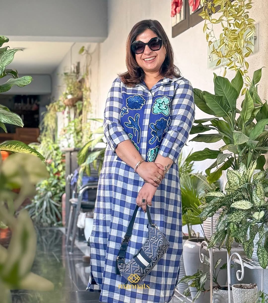 Effortless style meets handcrafted charm with our Cotton Checks Shirt Dress adorned with a delic (4)