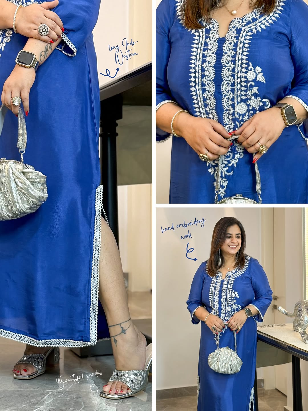 This long Indo-Western dress is crafted from premium fabric, featuring intricate hand embroidery